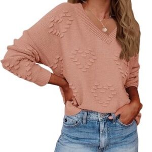 Pink Heart Bobble Pullover V-neck Knit Sweater